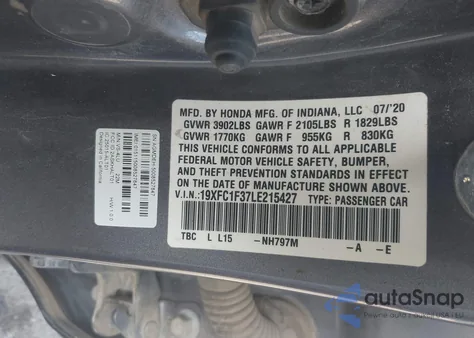 2020 Honda Civic Ex из США, поврежденный, VIN 19XFC1F37LE215427